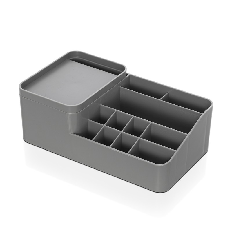 Organizzatore cosmetici grigio con box con coperchio e 11 scomparti