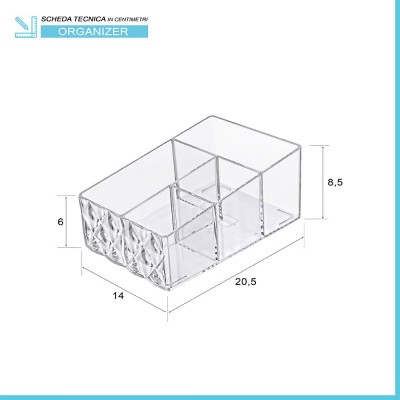 Scheda tecnica organizer porta trucchi e cosmetici in plastica trasparente con 4 scomparti