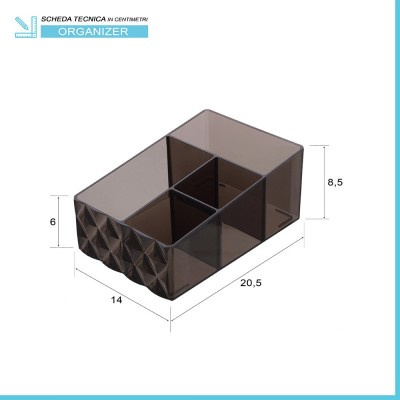 Scheda tecnica organizer porta trucchi e cosmetici in plastica nero fumè con 4 scomparti