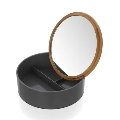 Porta trucchi da bagno tondo in plastica grigia e bamboo completo di specchio