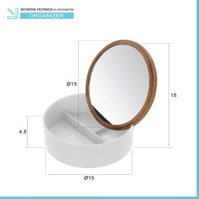 Scheda tecnica porta trucchi da bagno tondo in plastica bianca e bamboo completo di specchio