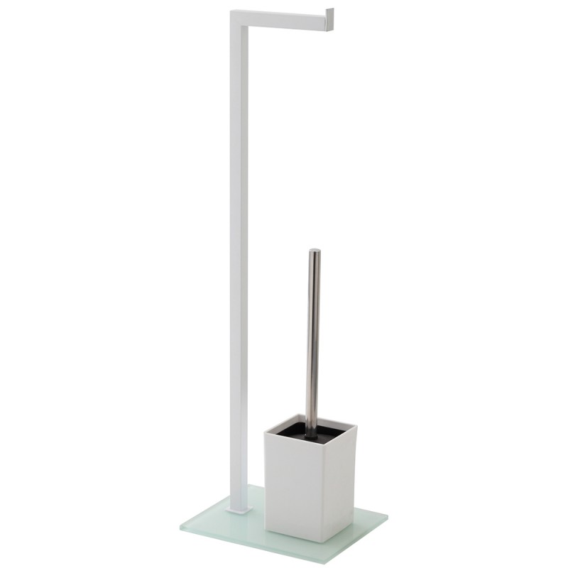 Piantana Portarotolo Portascopino Bianca Acciao PVC Cover Silicone Base Vetro Piantana portarotolo portascopino bianca in acciaio con base in vetro