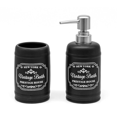 Set accessori bagno dispenser sapone e portaspazzolini in ceramica nera vintage