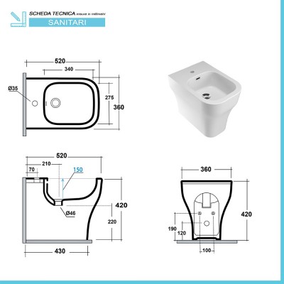 Scheda tecnica bidet filo muro traslato Olympia serie Synthesis