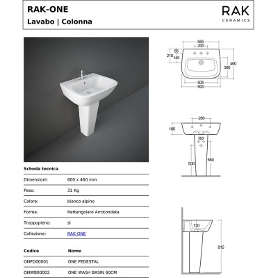 Caratteristiche tecniche lavamani a colonna Rak serie One in ceramica bianco lucida