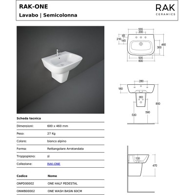 Caratteristiche tecniche lavabo con semicolonna Rak serie One in ceramica bianca lucida