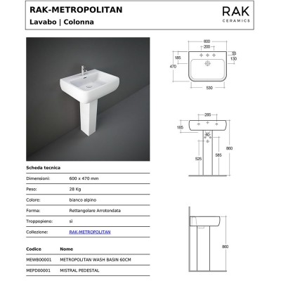 Caratteristiche tecniche lavamani a colonna 60x47 cm Rak serie Metropolitan in ceramica bianco lucido