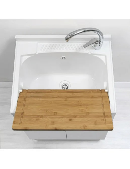 Mobile Lavatoio PRIME In Legno - Bianco, Misure 60x60x88 Cm, Con Lavabo In ABS E 2 Ante