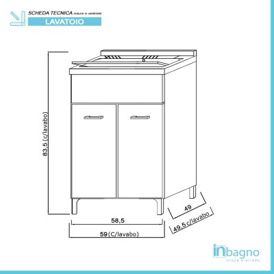 Scheda tecnica mobile lavanderia con lavabo 60x50 cm 2 ante grigio