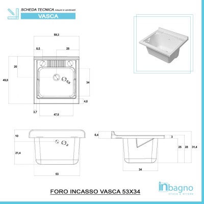 Scheda tecnica vasca lavatoio 60x50 cm in resina resistente agli acidi e ai detergenti chimici aggressivi