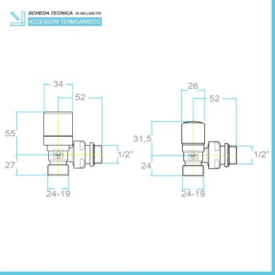 Scheda tecnica kit valvola e detentore in acciaio con tappo bianco e raccordo rame 12 mm