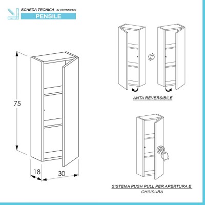 Scheda tecnica colonna bagno sospesa H. 75 cm Master bianco opaco con anta reversibile