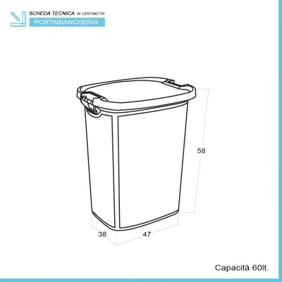 Scheda tecnica cesto biancheria in plastica tortora con manici in legno capienza 60 lt