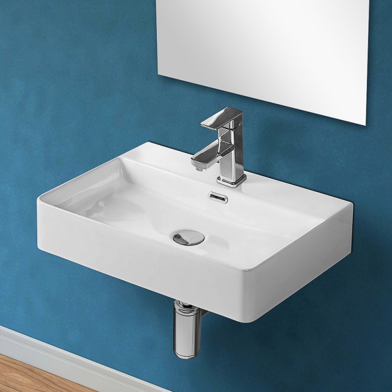 Lavabo sospeso rettangolare 60x42 cm in ceramica bianco lucido