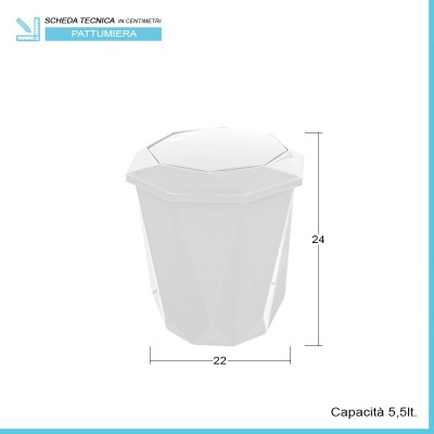 Scheda tecnica cestino bagno capacità 5,5 lt in plastica bianca con coperchio basculante