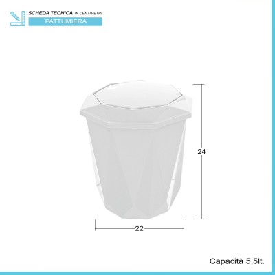 Scheda tecnica cestino bagno capacità 5,5 lt in plastica bianca con coperchio basculante