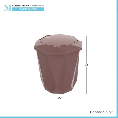 Scheda tecnica cestino bagno capacità 5,5 lt in plastica rosa con coperchio basculante
