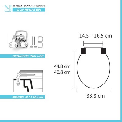 Scheda tecnica copri wc Cesame Sintesi compatibile in legno rivestito bianco con cerniere autoportanti incluse