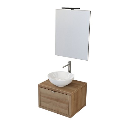 Mobiletto per il bagno sospeso 60 cm Master rovere miele completo di lavabo da appoggio e specchiera