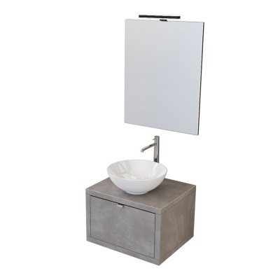 Mobiletto per il bagno sospeso 60 cm Master grigio cemento completo di lavabo appoggio e specchiera