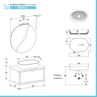 Scheda tecnica composizione bagno sospesa 80 cm Master grigio nuvola con lavandino da appoggio e specchio