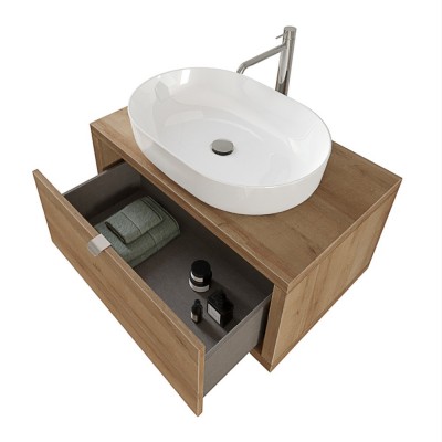 Mobile salvaspazio bagno sospeso 80 cm Master rovere miele con lavabo da appoggio e specchio