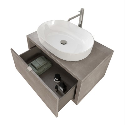 Mobile salvaspazio bagno sospeso 80 cm Master grigio cemento con lavabo da appoggio e specchio