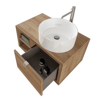 Mobile bagno sospeso 80 cm Master rovere miele con lavabo da appoggio e specchio