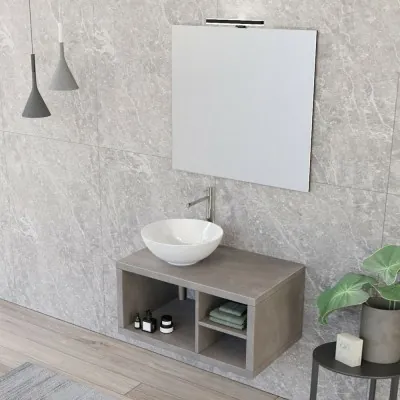 Arredo bagno sospeso 80 cm Master grigio cemento con lavabo appoggio e specchio