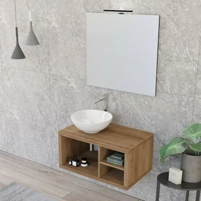 Arredo bagno sospeso 80 cm Master rovere miele con lavabo appoggio e specchio