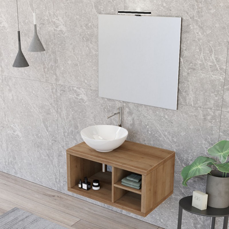 Mobile bagno sospeso 80 cm rovere miele Master lavabo 40 e specchio