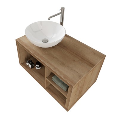 Mobile salvaspazio bagno sospeso 80 cm Master rovere miele con lavabo da appoggio e specchio