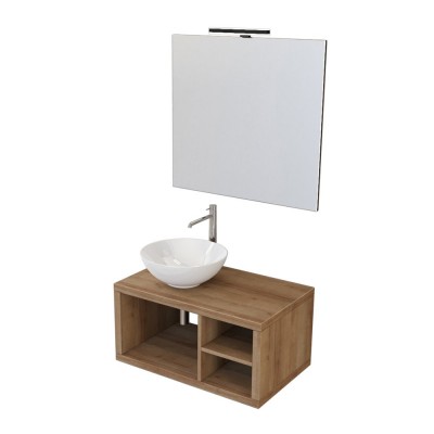 Mobile arredo bagno sospeso 80 cm Master rovere miele completo di lavabo da appoggio e specchiera