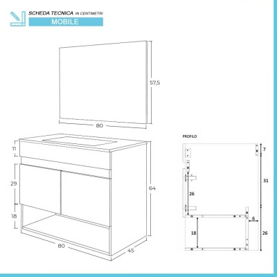 Scheda tecnica mobile bagno sospeso 80 cm 2 ante serie Oasi rovere con specchio e lavandino