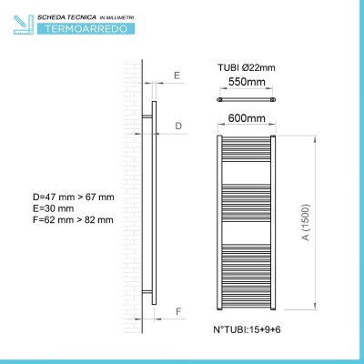 Scheda tecnica Radiatore termoarredo scaldasalviette 600 x 1500 interasse 550 mm