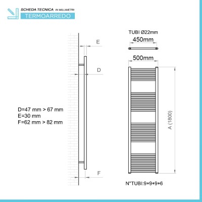 Scheda tecnica Termoarredo design Nero opaco 500x1800 Interasse 450 mm