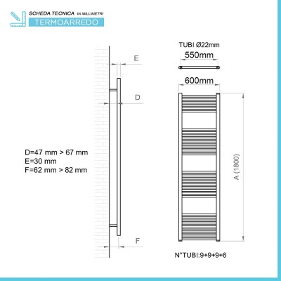 Scheda tecnica del Radiatore design Nero opaco 600x1800 Interasse 550 mm