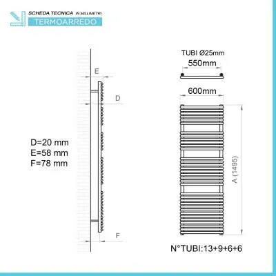 Scheda tecnica Radiatore design Bianco 600x1500 Interasse 550 mm