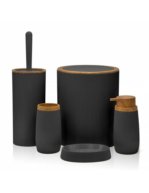Set Bagno 2 Pezzi Inbagno - Dispenser Sapone E Portaspazzolino, Plastica Nera Con Effetto Legno - Foto 14
