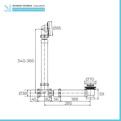 Scheda Tecnica dello Scarico Click Clack per vasca freestanding con Troppopieno