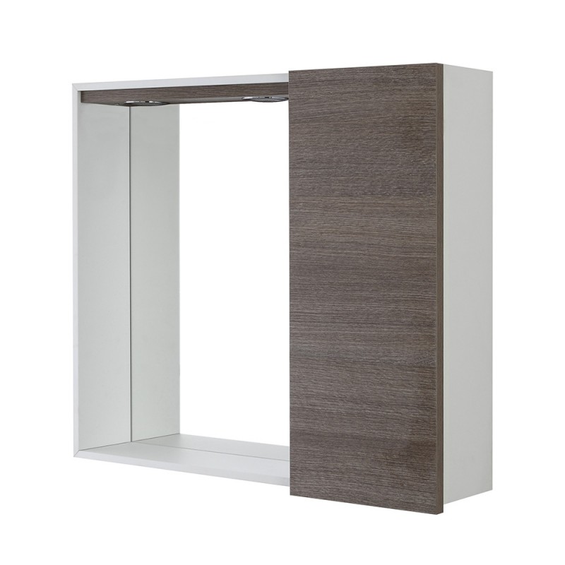 Specchio con mobiletto a una anta Rovere scuro Completo di faretti Led e mensola in vetro Way Specchiera bagno con mobiletto 68 cm 1 anta rovere scuro con faretti led - Way