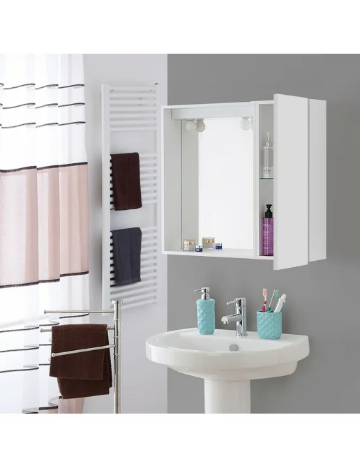 Armadietto Con Specchio Per Bagno - 40x55 Cm, Illuminazione LED, Ripiano In Vetro, Bianco - Foto 9