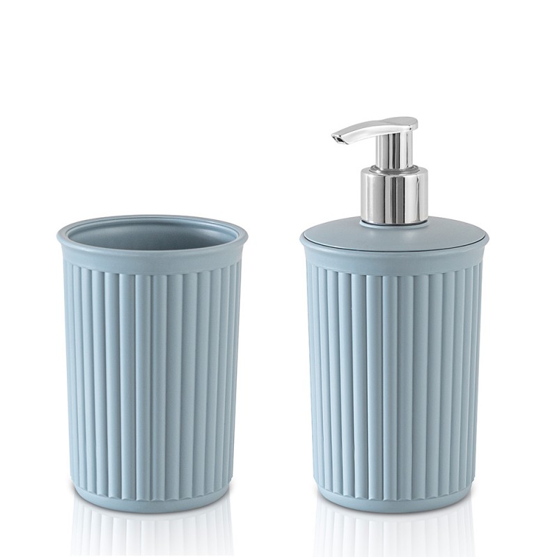 Set 2 pezzi Dispenser sapone e Porta spazzolino in plastica Soft Touch  Azzurro polvere serie Jinko