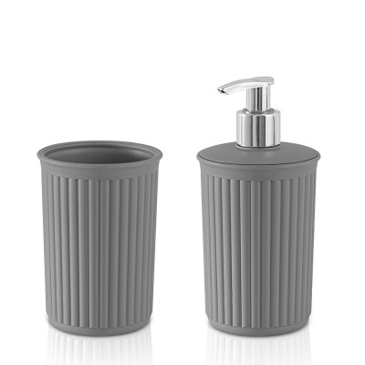 Set 2 pezzi Dispenser sapone e Porta spazzolino in plastica Soft Touch Grigio antracite serie Jinko