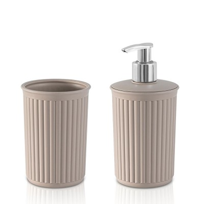 Set 2 pezzi Dispenser sapone e Porta spazzolino in plastica Soft Touch Tortora serie Jinko