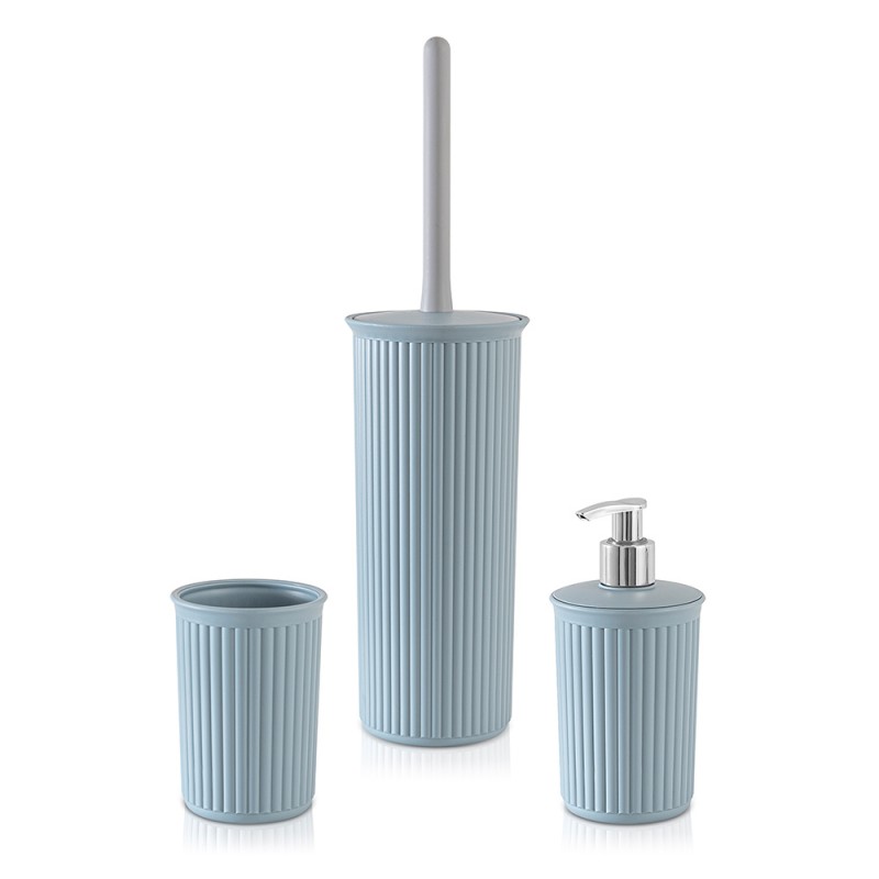Set Accessori bagno con Dispenser sapone, Porta spazzolino e Portascopino WC in plastica Soft Touch Azzurro polvere serie Jinko Set bagno con Dispenser sapone, Porta spazzolino e Portascopino Azzurro Jinko