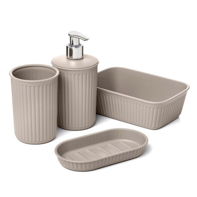 Set di accessori bagno da appoggio con 4 pezzi in plastica soft touch Tortora Jinko