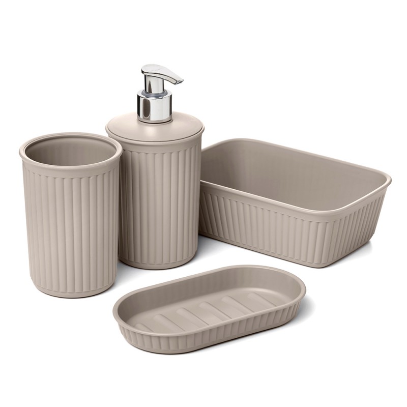 Set di accessori bagno da appoggio con 4 pezzi in plastica soft touch Tortora Jinko Set di accessori bagno con 4 pezzi in plastica soft touch Tortora Jinko