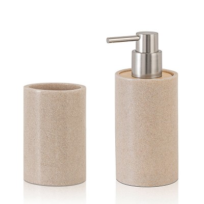 Set accessori bagno moderni beige in resina dispenser + portaspazzolini  Sahara