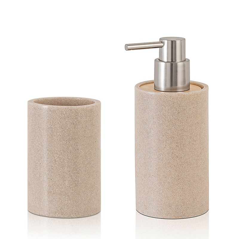 Set accessori bagno moderni beige in resina dispenser + portaspazzolini Sahara